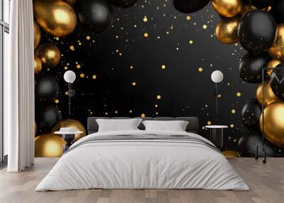 Festive celebration party festival black gold golden luxurious luxury balloons confetti decoration birthday wedding christmas holiday invitation celebrate family event fun enjoy leisure ribbon ball Wall mural