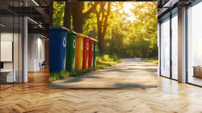 recycling bins sidewalk park residential area, blue green yellow red color symbol, environment recycle sustainability trees greenery eco-friendly natural waste rubbish management paper plastic metal Wall mural