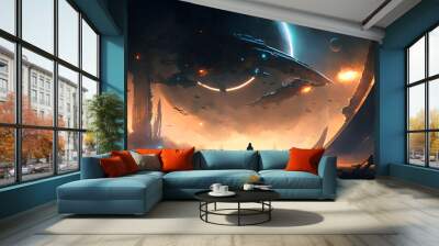 a female warrior watching a space warship hovering behind a giant planet Wall mural