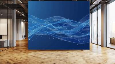 Abstract blue flowing wave with digital particles on dark background Wall mural