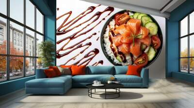 A delectable poke bowl, featuring fresh salmon, juicy tomatoes, crisp cucumber, and fluffy rice Wall mural