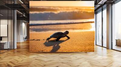 a little green sea turtle heading for the ocean on the beach at sunrise Wall mural