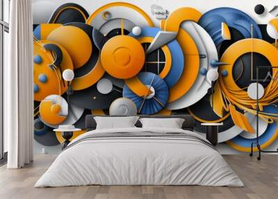 Abstract 3D Geometric Composition Circular, Curved Forms in Striking Orange and Blue Wall mural