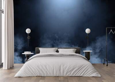 Abstract blue misty fog on isolated black background. Smoke stage studio. Texture overlays. The concept of aromatherapy. Wall mural