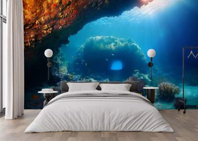 abstract underwater seascape with coral reef and mysterious cave entrance Wall mural