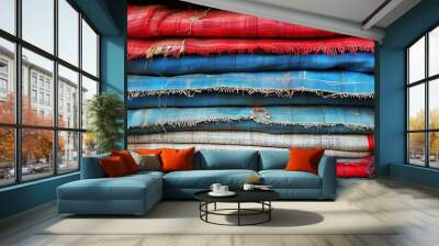 Aerial perspective of textured fabric layers showcasing vibrant colors and varied surfaces Wall mural