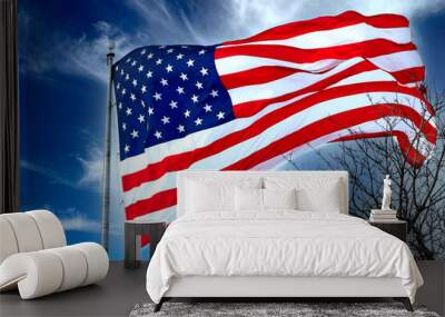 American flag waving in blue sky Wall mural