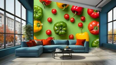 Assorted bell peppers and red tomatoes on pastel green surface, top view flat lay composition Wall mural