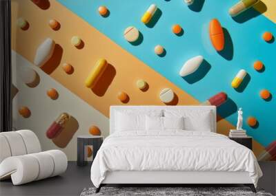 A colorful array of pills and capsules arranged neatly on a vibrant, geometric background, highlighting health and wellness with creative energy. Wall mural