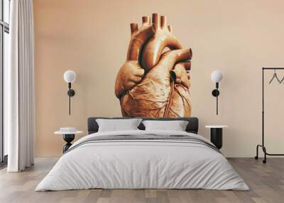 A detailed model of a human heart, with visible arteries and veins, artistically set against a neutral background, ideal for educational use. Wall mural