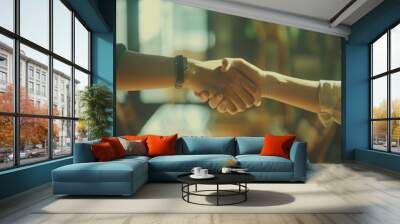 A handshake captured in a warmly lit, stylish setting signifies agreement and partnership. Wall mural