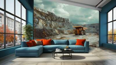 A large dump truck navigates a rocky mining site, showcasing the raw power of industrial machinery against a backdrop of steep, layered cliffs. Wall mural