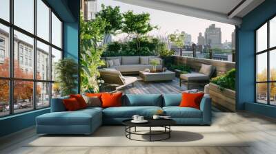 A lush rooftop terrace garden in an urban setting, complete with modern outdoor furniture, greenery, and a view of the city skyline. Wall mural