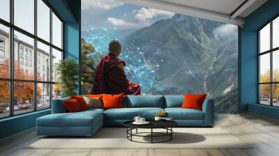 A serene monk sits meditating on a rocky precipice overlooking majestic mountains, interconnected by a web of digital lines, symbolizing harmony between nature and technology. Wall mural