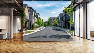 A serene suburban street under a bright blue sky, featuring modern homes framed by lush greenery, exuding tranquility and a sense of community. Wall mural