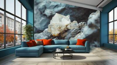 A sharp, clear quartz crystal perched on rugged rock formations, highlighted in contrast against its textured, natural backdrop. Wall mural