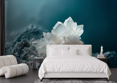 A striking close-up of luminous white crystals against a dark background, capturing their intricate beauty and stunning natural formation. Wall mural