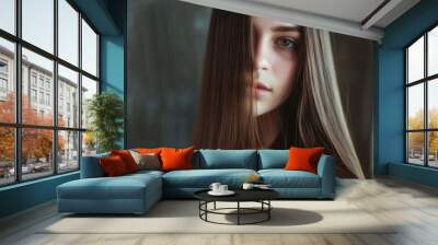 A thoughtful young woman with long hair, her face partially obscured by strands, exudes an air of mystery against a softly lit background. Wall mural