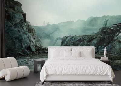 A vast, rugged quarry landscape shrouded in mist, with jagged rocks and a hint of machinery, portrays an atmosphere of industrial desolation. Wall mural