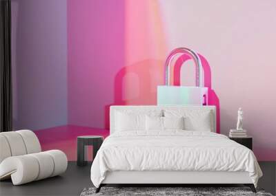 A white padlock bathes in dramatic pink and white light, symbolizing security and stylish minimalism against a contemporary backdrop. Wall mural