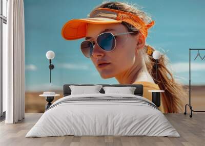 A woman in an orange visor and sunglasses gazes into the distance, encapsulating the essence of sunny and vibrant outdoor adventures. Wall mural