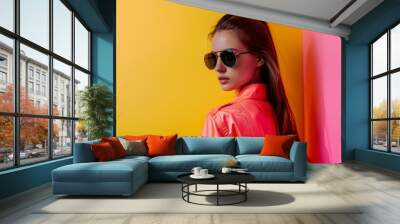 A woman in pink overcoat and aviator sunglasses stands against a striking yellow and pink background, showcasing bold style and confidence. Wall mural