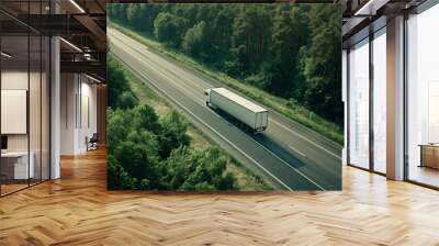 Aerial view of a truck on a forested highway, transportation theme. Wall mural