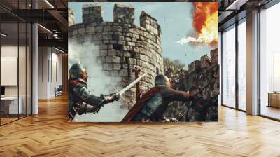 Armored knights fiercely clash against a backdrop of a stone castle wall set under a smoky sky, evoking a sense of medieval battle and valor. Wall mural