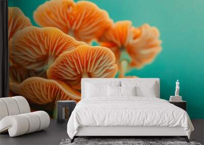 Bright orange mushrooms with ruffled gills set against a turquoise background, highlighting their intricate texture and vibrant coloration. Wall mural