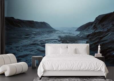 Foamy waves crawl over a mysterious, dark landscape, merging into the vast horizon, evoking a sense of depth and endless exploration. Wall mural