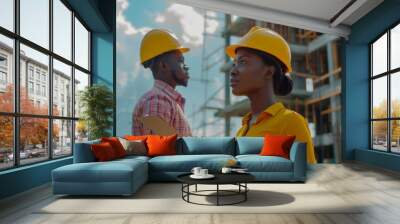 Two construction workers in hard hats stand thoughtfully at a building site, highlighting the planning, diligence, and teamwork in their work environment. Wall mural