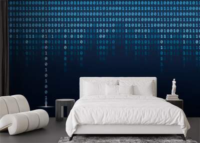 Binary Code abstract technology. Wallpaper of binay data falling from top in one column with light. Dark blue futuristic cyberspace. Wall mural