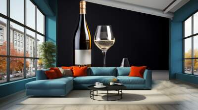 Bottle and glass of white wine on black background. 3d rendering generativa IA Wall mural