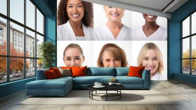 Collage of smiling nurses portraits of different ethnicities promoting diversity and encouraging inclusive empowerment in the workplace. Generative AI. Wall mural