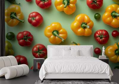 Colorful bell peppers and red tomatoes pattern on pastel green background, top view Wall mural