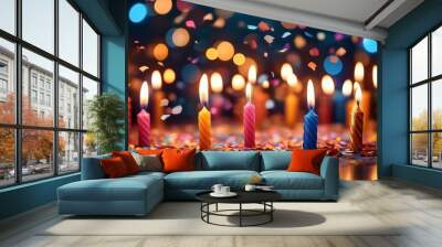 confetti birthday lights bokeh candles multicolored background confetti candles candle many coloured light dark wallpaper celebration party festive colourful joyf Wall mural