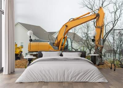 Excavator in the construction debris clean up site Wall mural