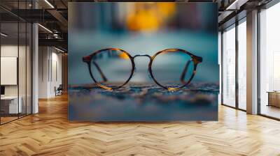 eyeglasses on the table in a cafe. Selective focus generativa IA Wall mural