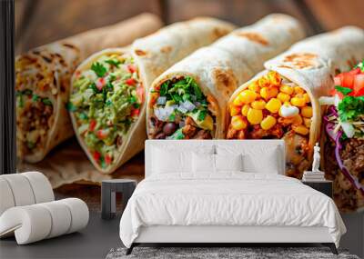 Five burritos with different ingredients. Macro view Wall mural