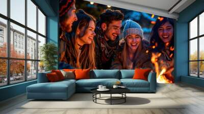 Friends laughing around a bonfire on an autumn night Wall mural