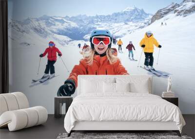 Group of friends skiing in bright winter gear, smiling with joy and capturing the thrill of adventure.  Wall mural