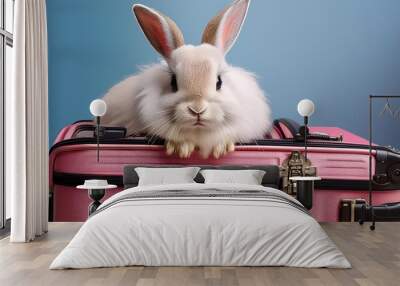 happy fluffy rabbit traveler with luggage on blue background adorable bunny in pink suitcase Wall mural