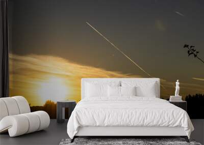 A plane is gracefully flying through the vibrant sky at sunset Wall mural