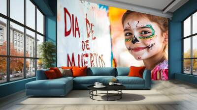 Little girl with her face painted for the day of the dead Wall mural