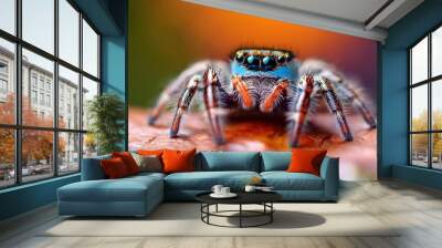 macro close up of a jumping spider with bright eyes and long legs crawling on a surface in nature bright colors Wall mural