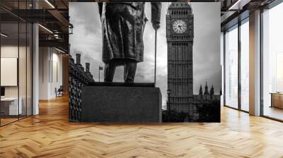 B&W Winston Churchill in parliament square and Big Ben Wall mural