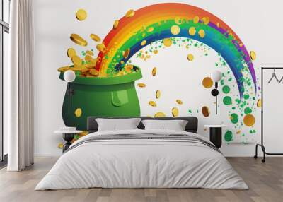 Generative AI cartoon of the pot of gold coins at the end of the rainbow concept for Happy Saint Patrick's Day, Cartoon Magic Fun, Pot of Golden Treasures Wall mural