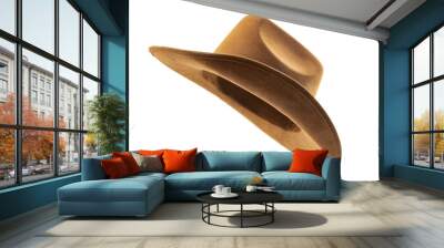 Rodeo horse rider, wild west culture, Americana and american country music concept theme with side view of a brown leather cowboy hat isolated on white background with clip path cut out Wall mural