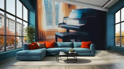 A black piano sits in a room with a window Wall mural