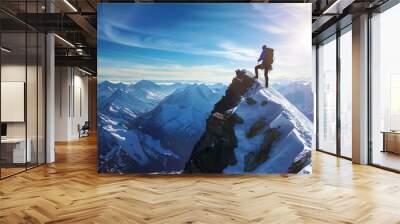 a man is standing on a mountain top with a backpack Wall mural